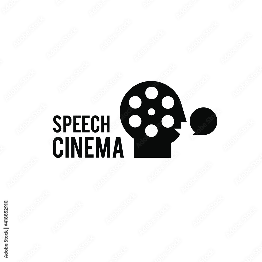 speech cinema Studio Movie Video Cinema Cinematography Film Production concept human head with bubble chat logo design vector icon illustration Isolated White Background