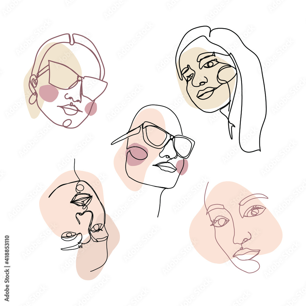 One line face. Minimalist continuous linear sketch woman face. Female portrait black white artwork outline vector hand drawn illustration. One line face. Minimalist continuous linear sketch woman face. Female portrait black white artwork outline vector hand drawn illustration.