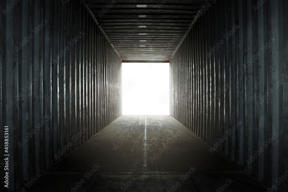 Empty Inside Blank Cargo Container Truck. Abstract Dark Space 
Background.