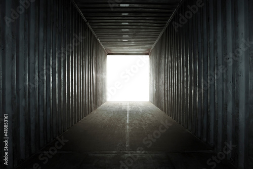 Empty Inside Blank Cargo Container Truck. Abstract Dark Space  Background.