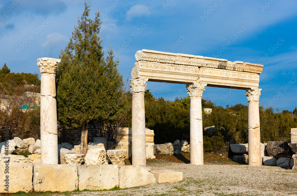View of remains of marble pillars of agora after reconstruction in ancient city of Kibyra in Burdur Province, Turkey