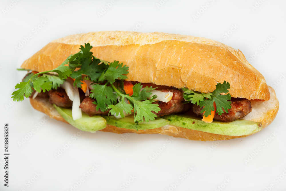 Famous Vietnamese food is banh mi thit, popular street food from bread stuffed with raw material: grilled pork and fresh herbs as scallions, coriander, carrot, cucumber, chilli. On White Famous Vietnamese food is banh mi thit, popular street food from bread stuffed with raw material: grilled pork and fresh herbs as scallions, coriander, carrot, cucumber, chilli. On White