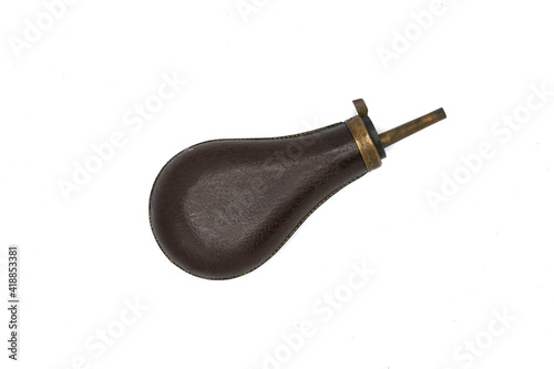 old leather gunpowder box on white background
