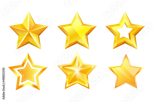Gold star award glossy success medal shining prize set. Sparkle excellent point five star shape metallic golden reward or christmassy decoration vector illustration isolated on white background