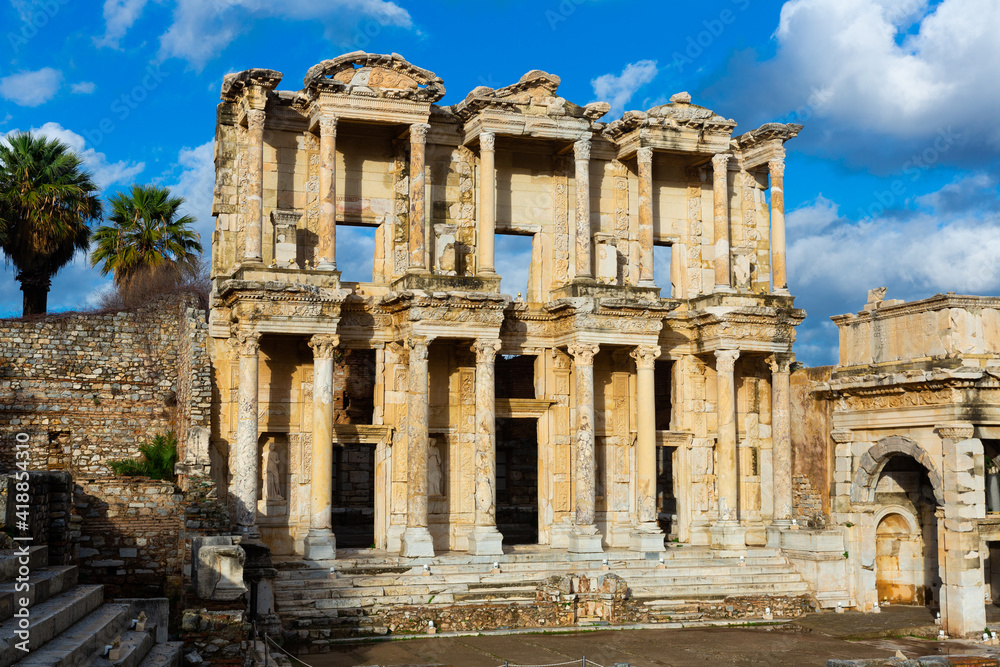 Notable ruins of antique city of Ephesus overlooking main facade of Library of Celsus. Turkish historical and cultural monument