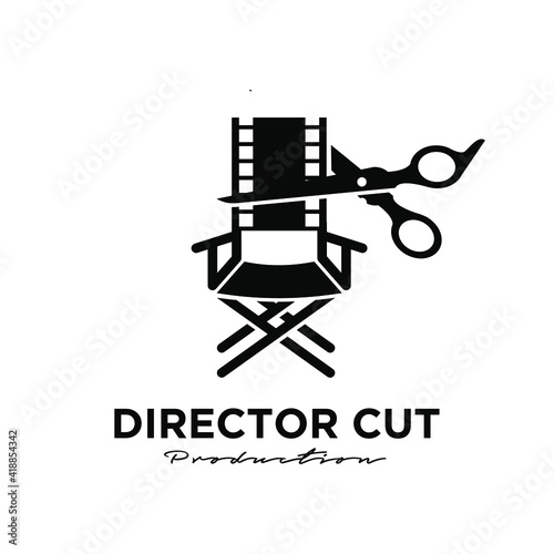 Director cut behind the scene editing Studio Movie Video Cinema Cinematography Film Production scissors that cut the film strip logo design vector icon illustration Isolated White Background
