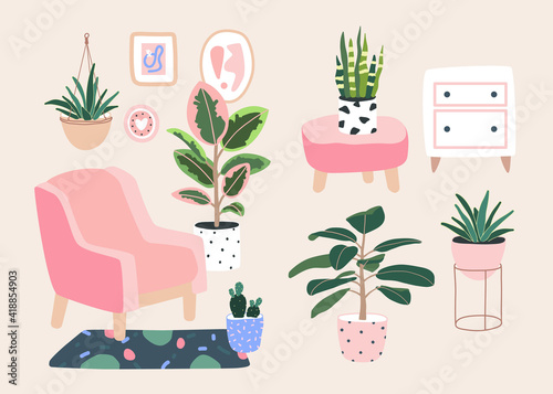 Living room decor. Home plants in flowerpot. Houseplants isolated. Trendy hugge style, vintage urban jungle. Hand drawn. Set collection. Green, pink, brown, beige, blue colors. Print, poster, banner.