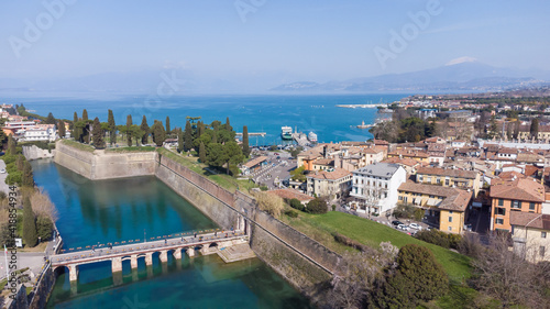 Aerial view of the ancient fortified town of Peschiera dal Garda, protected by mighty Renaissance walls and canals that surround it.