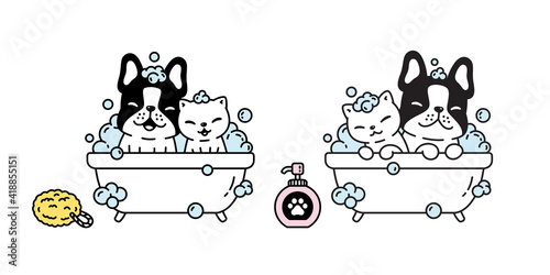 dog vector cat french bulldog icon shower bath kitten soap shampoo pet puppy cartoon character symbol illustration doodle design