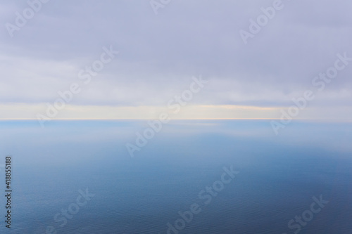 foggy rainy sea to horizon  bird s eye view