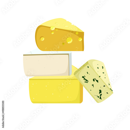 Pieces of different cheeses. Parmesan, camembert, blue cheese. Dairy products