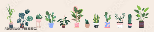 Home plants in flowerpot. Houseplants isolated. Trendy hugge style, urban jungle decor. Hand drawn. Set collection. Green, blue, pink, brown, beige pastel colors. Print, poster, banner. Logo, label.