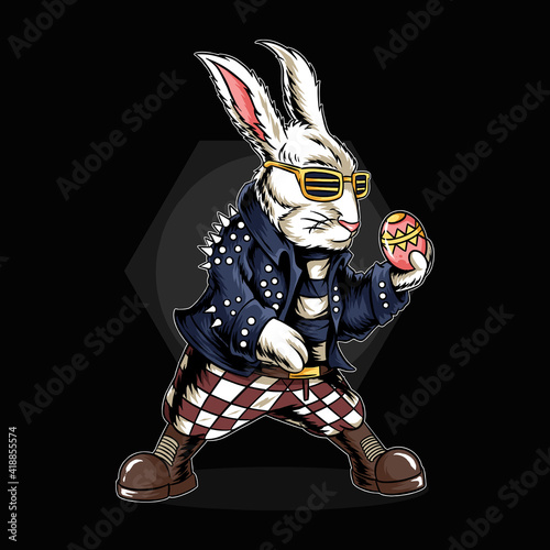the easter bunny holding eggs and he is wearing a rocker jacket