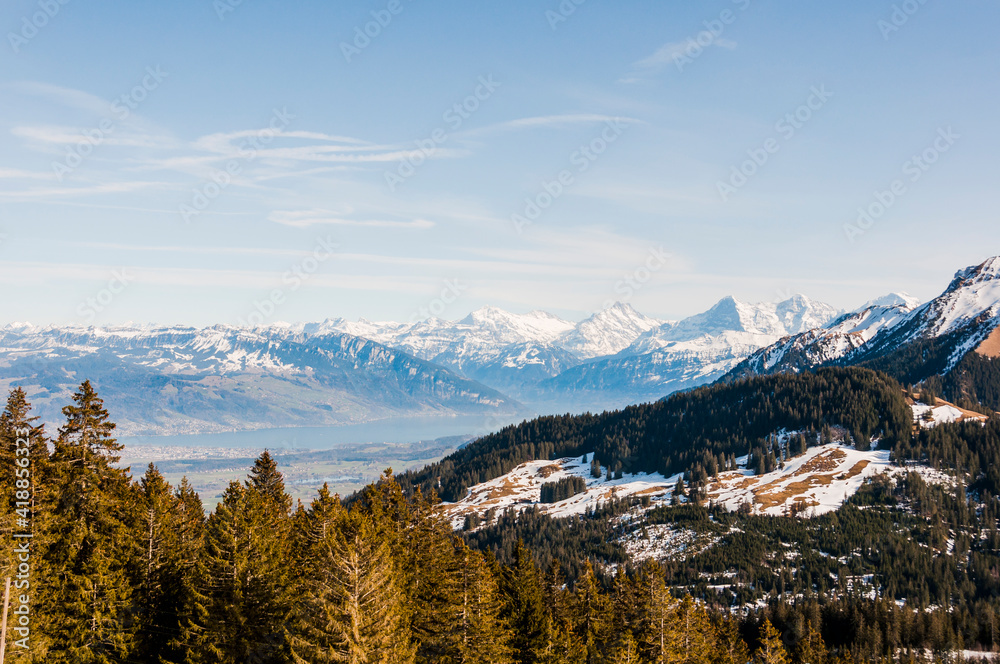 Fototapeta premium Gantrisch, Berner Oberland, Berner Alpen, Thunersee, Eiger, Mönch, Jungfrau, Fribourg, Schweizer Alpen, Aussichtspunkt, Wanderweg, Frühling, Schweiz