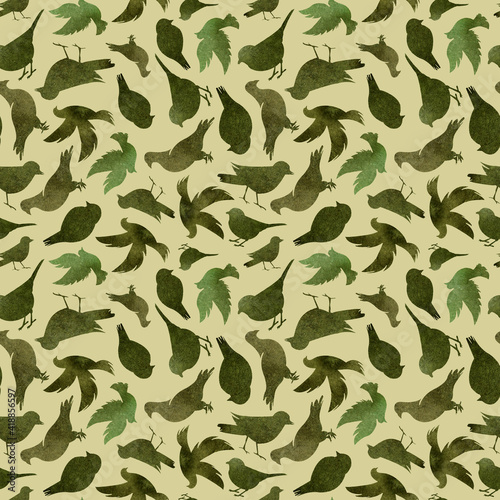 watercolor seamless pattern with birds on green background
