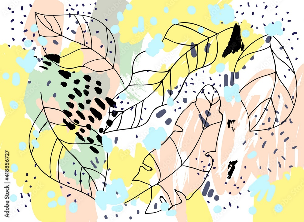 Jungle tropical leaves. Naive art border. Contemporary pattern. Brush, marker strokes. Bohemian wallpaper. Vector artwork. Memphis style. Child, kid drawing. Beige, black, yellow, blue, green colors