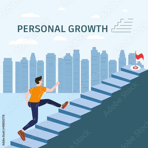 Personal growth Young man running up stairway concept. Self-improvement, self development success, achievement, motivation. Modern flat cartoon style. Vector illustration poster banner isolated
