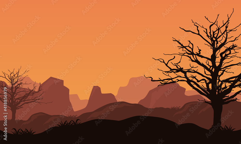 Amazing sunset panorama with nice natural scenery. Vector illustration
