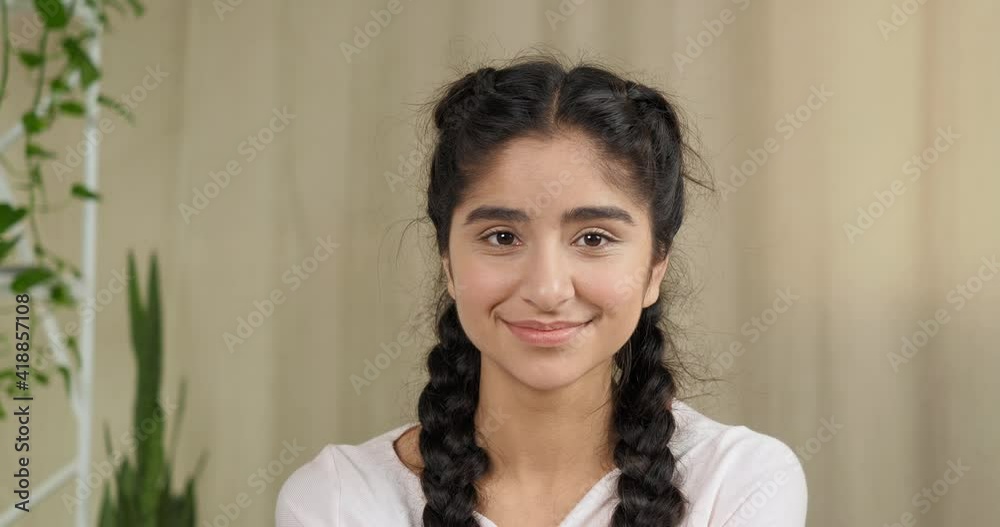 Portrait of indian young girl hindi women with braids looking at camera