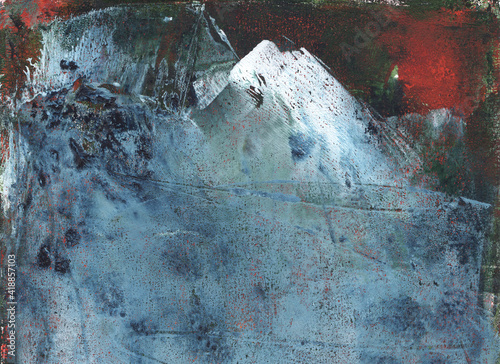Gel print art imaginary landscape snow topped mountain