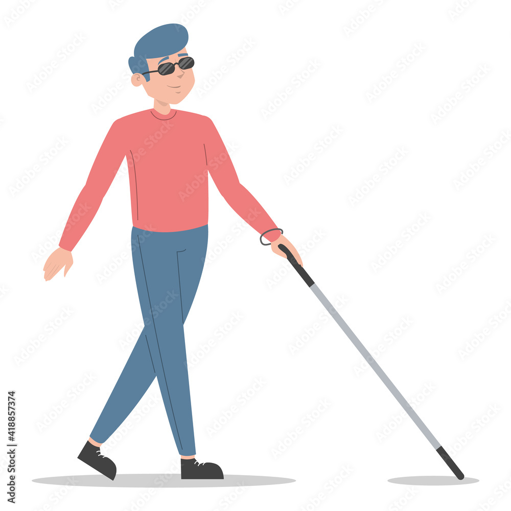 Blind man walking with cane vector isolated. Disabled male character in sunglasses, person without vision. Handicapped man using stick for walking. Young adult, problem with health. Blind man walking with cane vector isolated. Disabled male character in sunglasses, person without vision. Handicapped man using stick for walking. Young adult, problem with health.