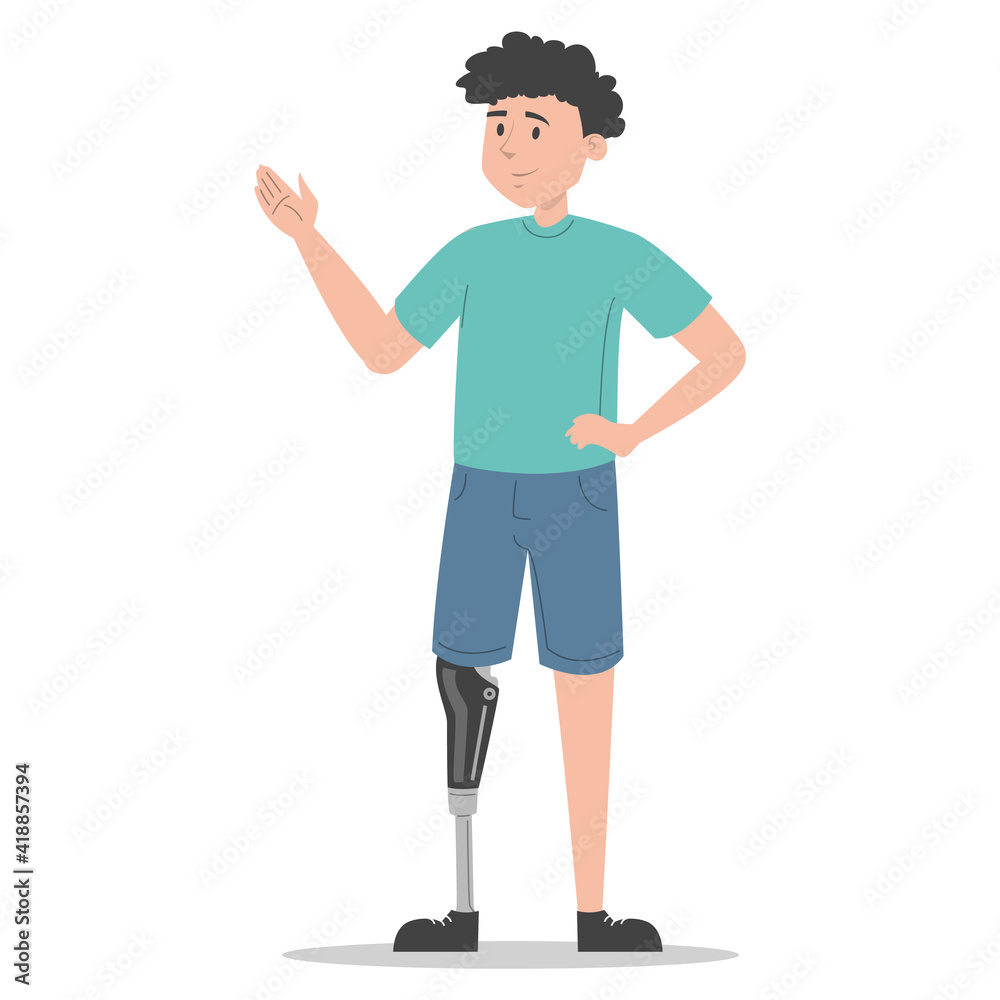 Happy young man with a prosthetic leg vector isolated. Illustration of young adult wearing a prosthesis. Handicapped person, male character with artificial limb. Happy young man with a prosthetic leg vector isolated. Illustration of young adult wearing a prosthesis. Handicapped person, male character with artificial limb.