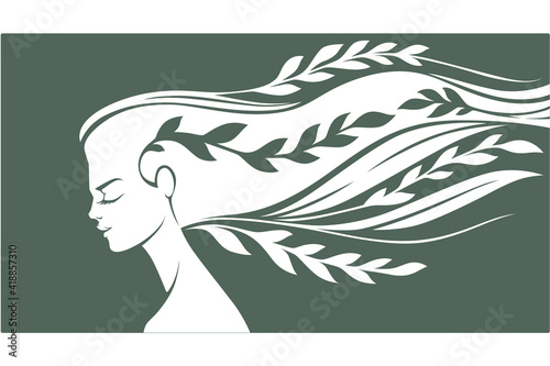 beauty of nature, woman silhouette on darl background and floral hair