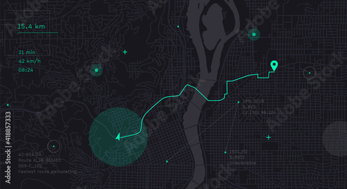 Big data city map. Route planning for taxi of food delivery service. Carsharing destination point. Urban data network. Big city visual information.