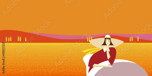 Illustration of a landscape of sunset with a woman relaxing
