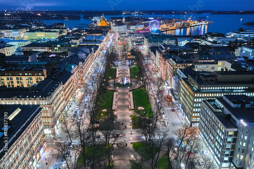 Aerial view of the Esplanadi park with Christmas decoration, Helsinki, Finland.