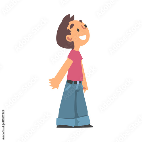Cute Little Boy with Beaming Smile Standing and Looking Up Vector Illustration © topvectors