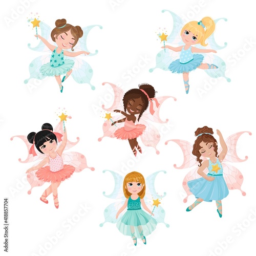 A set of three girls fairies. Cute little fairies. Ballerinas in costumes of fairies with wings. A magical creature. Vector illustration isolated on white background.