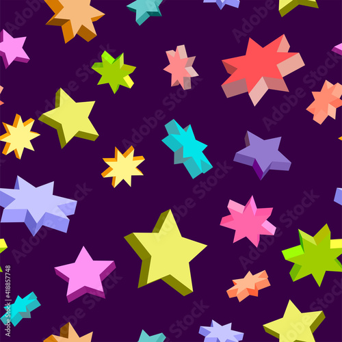 Bright-colored stars on a dark purple background. Seamless pattern.