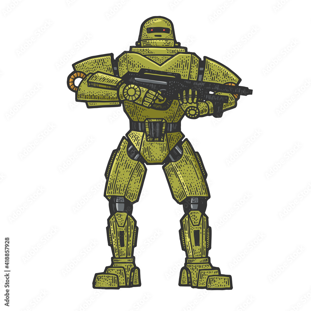 Robot Soldier sketch engraving raster illustration Robot Soldier sketch engraving raster illustration