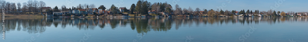 Panoramic view of Neufelder Lake in Neufeld an der Leitha, Burgenland, Austria, Europe
