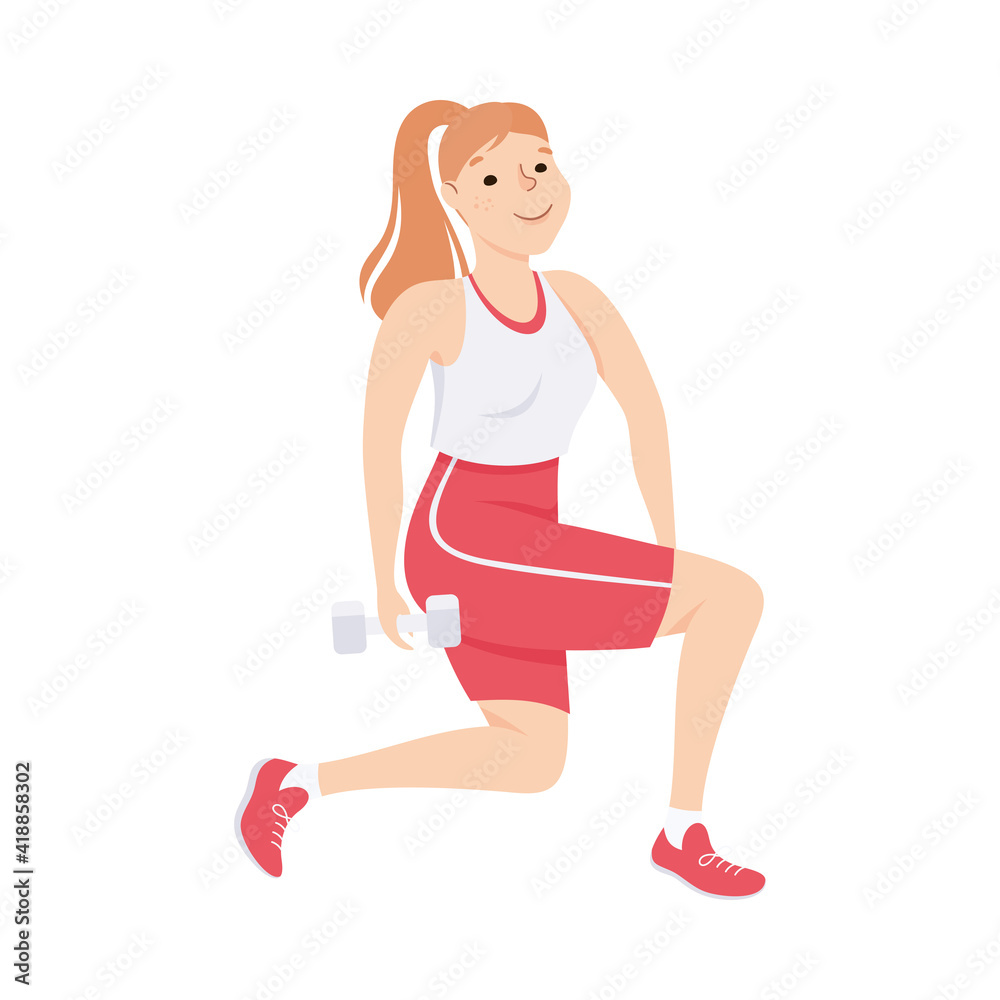 Young Female in Athletic Wear at Gym Doing Dumbbell Lunge as Physical Exercise and Workout Vector Illustration Young Female in Athletic Wear at Gym Doing Dumbbell Lunge as Physical Exercise and Workout Vector Illustration