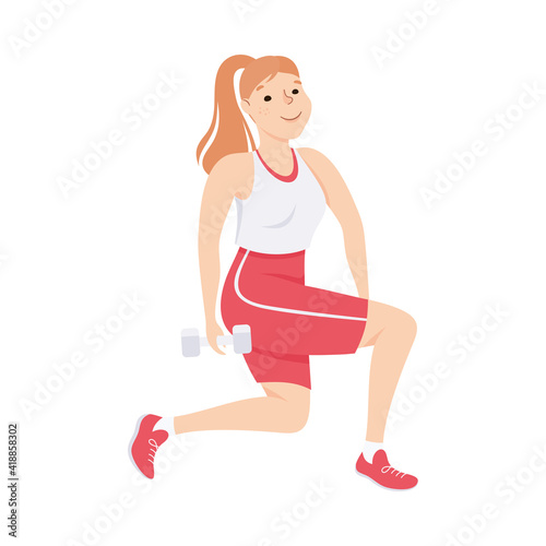 Young Female in Athletic Wear at Gym Doing Dumbbell Lunge as Physical Exercise and Workout Vector Illustration