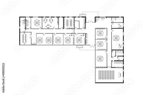 Modern office interior with furniture isolated on white. Vector blueprint. Architectural background. 