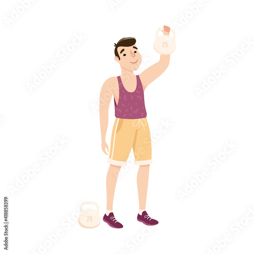 Man in Training Top and Shorts at Gym Lifting Kettlebell Doing Physical Exercise and Workout Vector Illustration