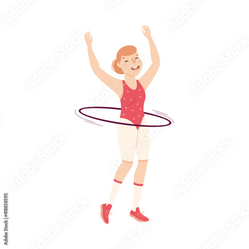 Young Female in Athletic Wear at Gym with Hula Hoop Doing Physical Exercise and Workout Vector Illustration