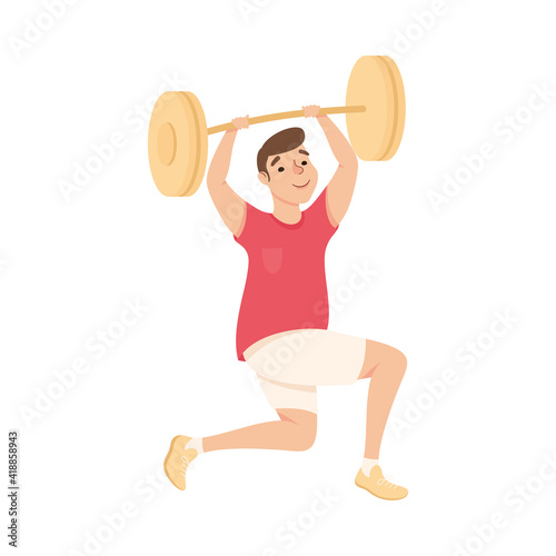 Man in Training Shorts at Gym Lifting Barbell Doing Physical Exercise and Workout Vector Illustration