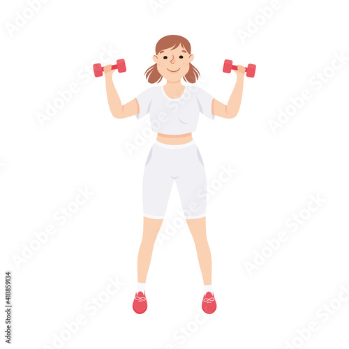 Young Female in Athletic Wear at Gym Lifting Dumbbell Doing Physical Exercise and Workout Vector Illustration