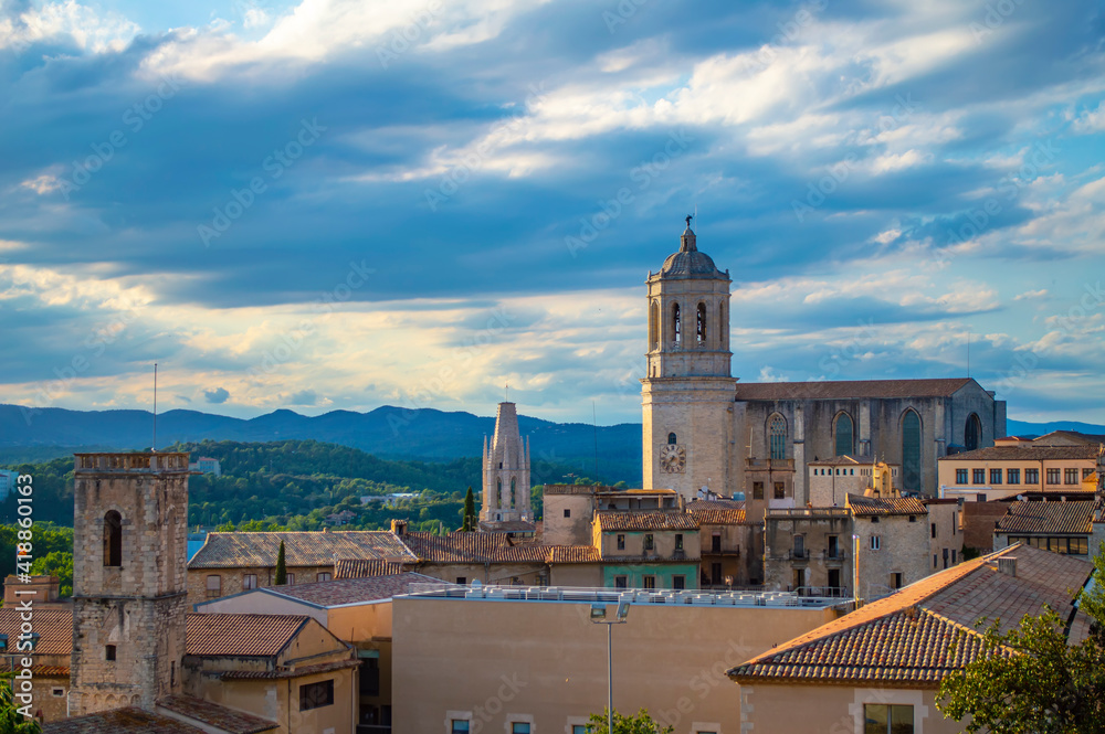 Girona, Spain - July 28, 2019: Cityscape of the city of Girona in Catalonia with the famous landmark Cathedral of Saint Mary of Girona, Spain