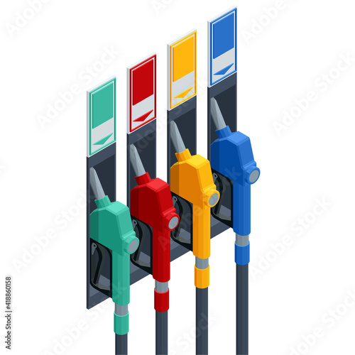 Isometric fuel pumps at a gas station. Colorful Petrol pump filling nozzles isolated on white background