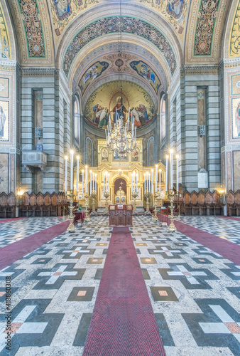 Interior view of the aisle of the Serbian Orthodox church Saint Spyridon Church, Trieste, Italy. photo