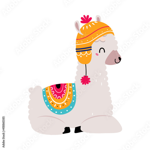 Pretty Wolly Llama or Alpaca Wearing Knitted Hat and Blanket Sitting Vector Illustration