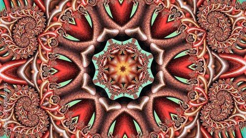  bright abstract wallpaper for a computer desktop from a multicolored circular fractal ornament in the form of spirals and a creative figure with a star in the center