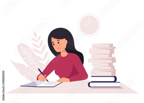 Home office concept, woman working from home, student or freelancer. Woman studying with books. Woman with books, studying or working concept.