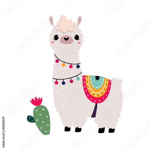 Pretty Wolly Llama or Alpaca Wearing Knitted Blanket Standing Vector Illustration