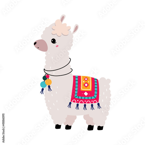 Pretty Wolly Llama or Alpaca Wearing Knitted Blanket Standing Vector Illustration